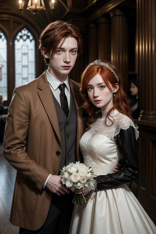 George Weasley redhead boy and Elizabeth Nott girl with black hair getting married