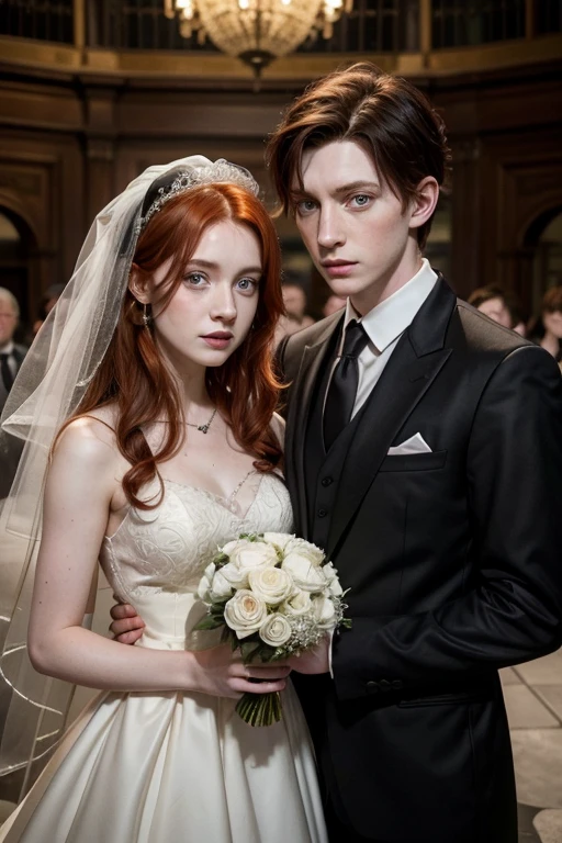 George Weasley redhead boy and Elizabeth Nott girl with black hair getting married