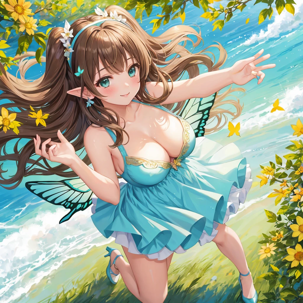 1 beautiful girl 20 years old, anime girl, walking in a field of flowers, blue sky with white clouds, artistic fairy costume green mini dress, low-cut and sleeveless dress, crystal high heels, defined hands and legs, full body, looks like a sexy model, a pair of translucent wings, butterflies around, big round breasts, glossy lips, cleavage, high heels, brown hair, hair over shoulder, wavy hair, asymmetrical bangs, hair one side up, expressive hair, hair behind ear, hairband, leaf hair ornament, aqua eyes, pupils sparkling, crystal earrings, pointy ears, smile, blush, fingersmile, seductive smile, naughty face, Color Field painting, high detail, anime, dithering, image fill, first-person view, wide shot, from above, perspective, Wide-Angle, f/1.8, 85mm, Canon, 8k, super detail, UHD, anatomically correct, masterpiece, high quality
