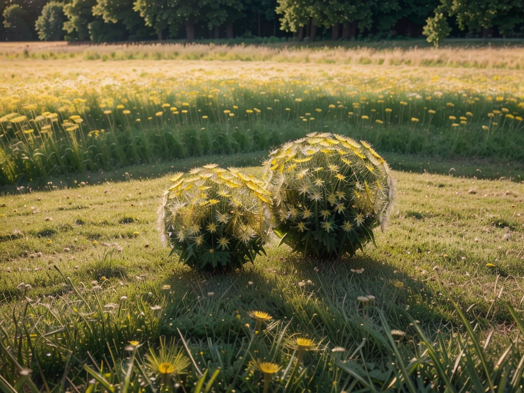 dandelion field, beautiful detailed dandelions, soft natural lighting, lush green grass, golden hour, vibrant colors, serene atmosphere, shallow depth of field, cinematic composition, dreamlike, ethereal, (best quality,4k,8k,highres,masterpiece:1.2),ultra-detailed,(realistic,photorealistic,photo-realistic:1.37)
