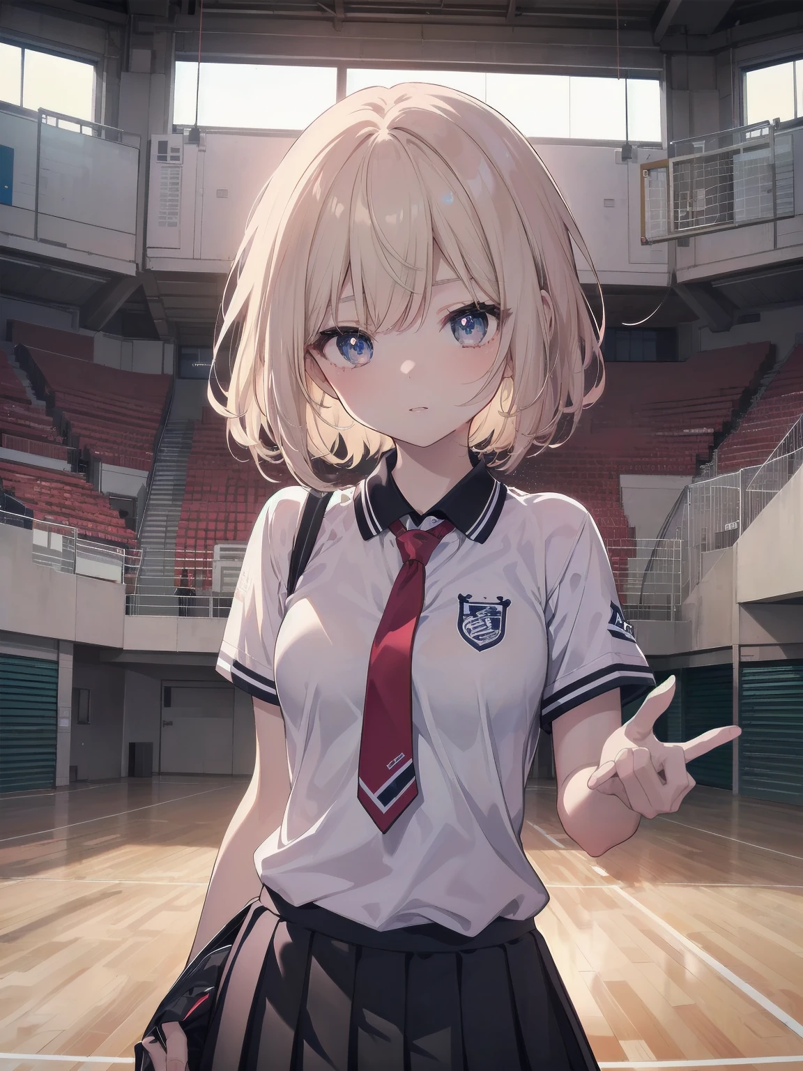 (masterpiece: 1.2)、(Highest quality: 1.2)、Highest resolution、Very detailed。 BREAK。 ((Anime girl in sporty uniform))、Transparent Girl、(1、athlete、: 1.3)、A look of determination、Energetic pose、Short Spiky Hair、Bright Eyes、Toned body、(Highest quality: 1.2)、Very high resolution、Very detailed。Expressive eyes、Beautifully detailed lips、High resolution detailed hair、Perfect Face、Healthy Skin、Powerful hands、Perfect lighting。 BREAK。 ((Sporty uniform with team logo))、((White polo shirt、Red tie、Black pleated skirt: 1.3))、Athletic jacket、sneakers。 BREAK。 (School gym)、Basketball Court、Sports equipment、Team Banner、(Cowboy Shot View: 1.2)。 BREAK。 ((positive: 1.3))。 BREAK。Digital Animation Art、Sports anime style illustration