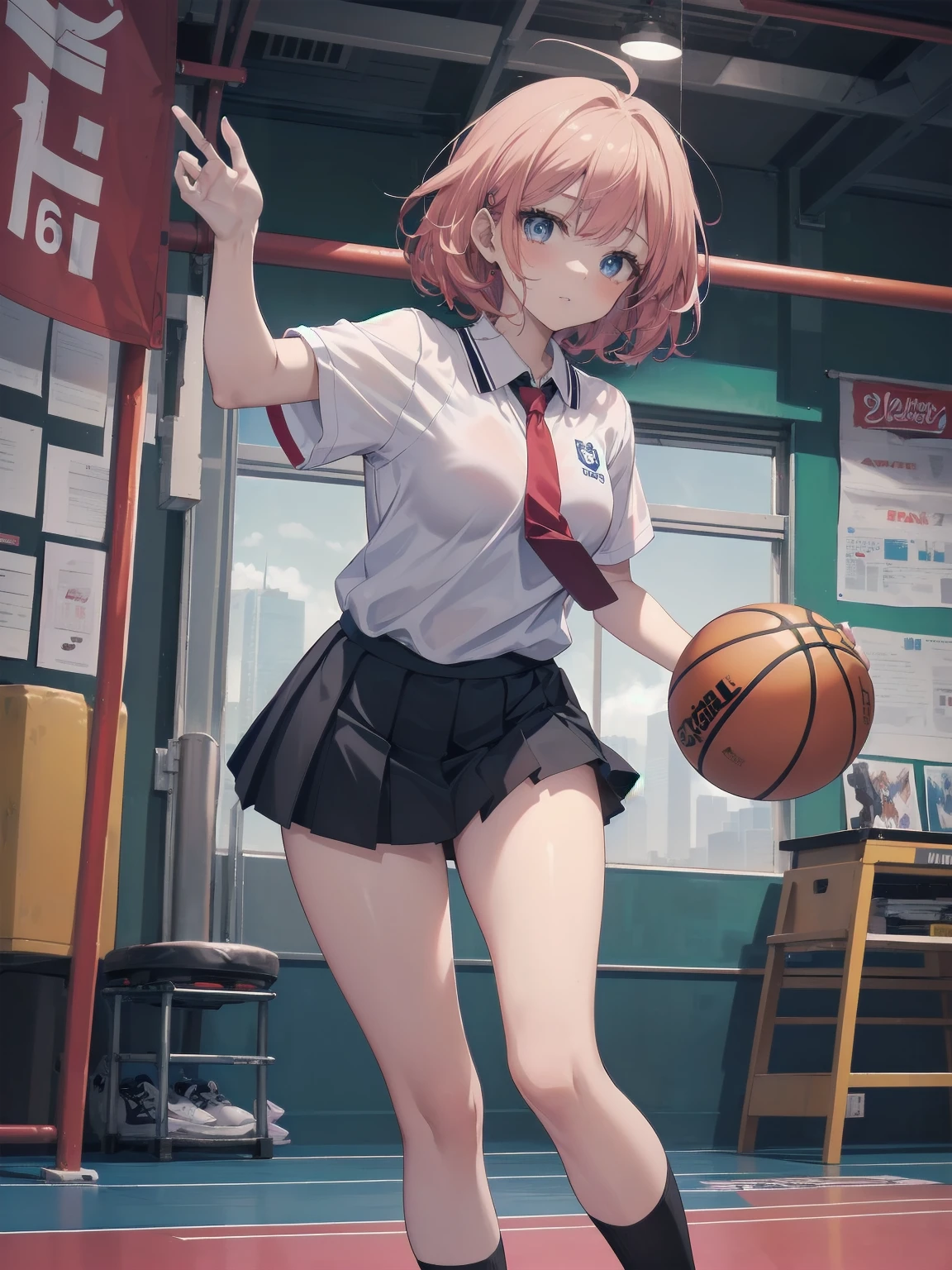 (masterpiece: 1.2)、(Highest quality: 1.2)、Highest resolution、Very detailed。 BREAK。 ((Anime girl in sporty uniform))、Transparent Girl、(1、athlete、: 1.3)、A look of determination、Energetic pose、Short Spiky Hair、Bright Eyes、Toned body、(Highest quality: 1.2)、Very high resolution、Very detailed。Expressive eyes、Beautifully detailed lips、High resolution detailed hair、Perfect Face、Healthy Skin、Powerful hands、Perfect lighting。 BREAK。 ((Sporty uniform with team logo))、((White polo shirt、Red tie、Black pleated skirt: 1.3))、Athletic jacket、sneakers。 BREAK。 (School gym)、Basketball Court、Sports equipment、Team Banner、(Cowboy Shot View: 1.2)。 BREAK。 ((positive: 1.3))。 BREAK。Digital Animation Art、Sports anime style illustration