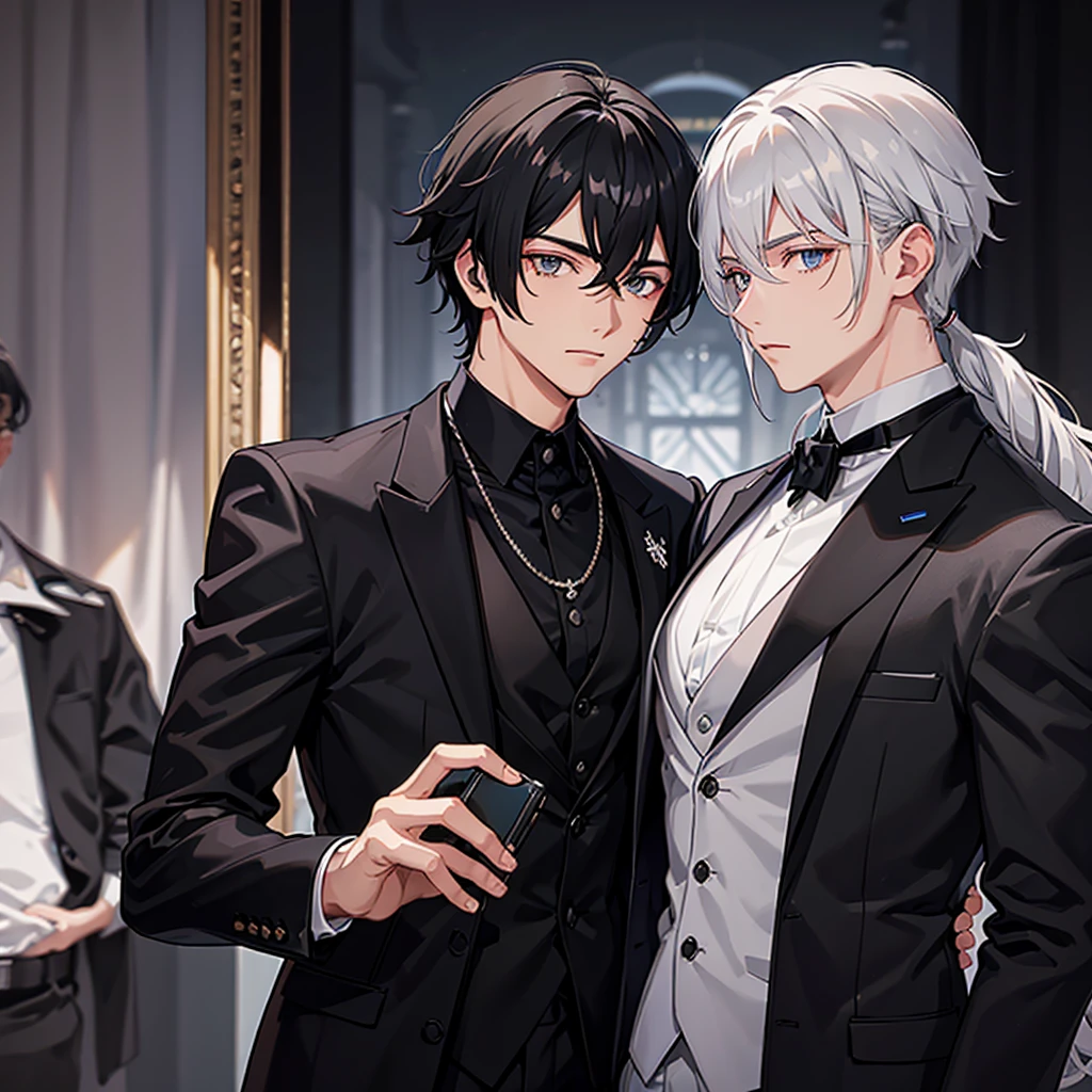 Masterpiece, Superb Inside, 2 men, men with short white hair coquettish in the arms of the man with short black hair, looking at each other
