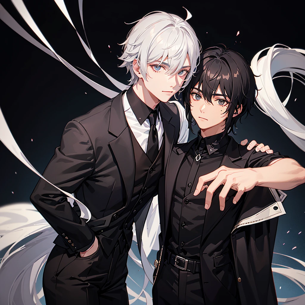Male, 20 years old, black colored wolfcut hair with silver mullet, suit, mole below left eye, looking towards you.