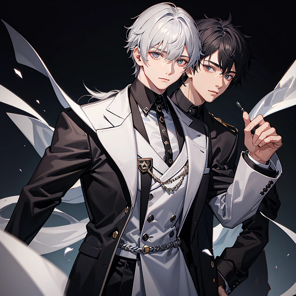 Male, 20 years old, black colored wolfcut hair with silver mullet, suit, mole below left eye, looking towards you.