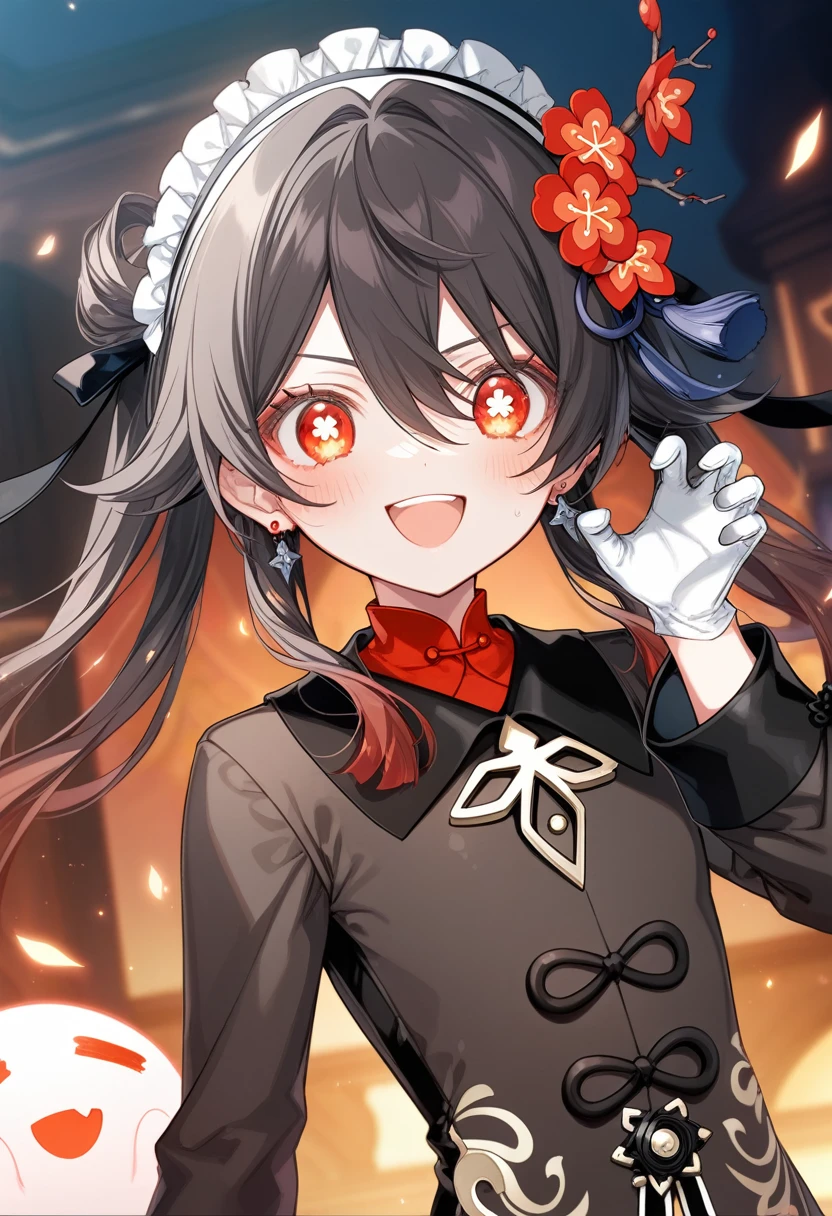 1girl, [[pottsness]], tsunako, ciloranko, horosuke, navy_\(navy.blue\), greem_bang, anime screencap:1.1, official art, absurdres, best quality, perfect anatomy, newest, new, genshin impact, boo tao (genshin impact), hu tao \(genshin impact\), :d, black ribbon, brown hair, claw pose, earrings, flower, frilled hairband, frills, gem, gloves, hair between eyes, hair flower, hair ornament, hair rings, hairband, hand up, jewelry, long hair, neck ribbon, portrait, red eyes, red gemstone, ribbon, round teeth, smile, solo, symbol-shaped pupils, teeth, white gloves, white hairband
