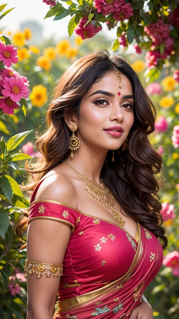 (((HD photo))), ultra high res.photorealistic:. 1.4, UHD, masterpiece, trending on artstation, portrait, 1girl, pretty, cute face, most beautiful in the world, soft, delicate, wavy blonde hair, large huge breasts, a vibrant Indian woman with olive skin and dark hair styled in loose waves. She has striking, almond-shaped eyes with bold eyebrows and intense,. Her lips are painted in a subtle, natural color, A carefree Indian woman with a contagious laugh lies amidst a field of brightly colored wildflowers. She wears a whimsical off-the-shoulder dress with floral patterns. The camera (50mm lens, unzoomed) captures her from a low angle, framing her against the vastness of the flower field. The sunlight creates a natural spotlight on her joyful expression