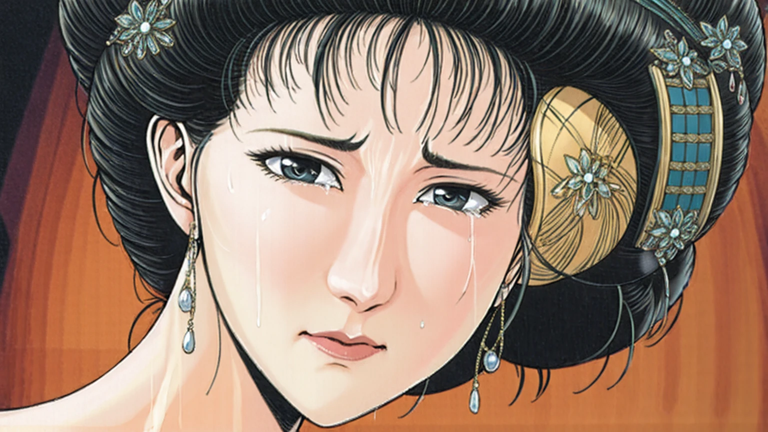 (best quality), (very aesthetic), (ultra-detailed), (best illustration),(a mature female),(perfect face),Suikoden,Mrs. Lin,(((NSFW))),((full_body)),((full_Nude)),(crying),red cheek,sweating,skinny,flushed skin,(Woman with pubic hair),(Crying on the bed with her face buried in the pillow),traditional Chinese bedroom,front view