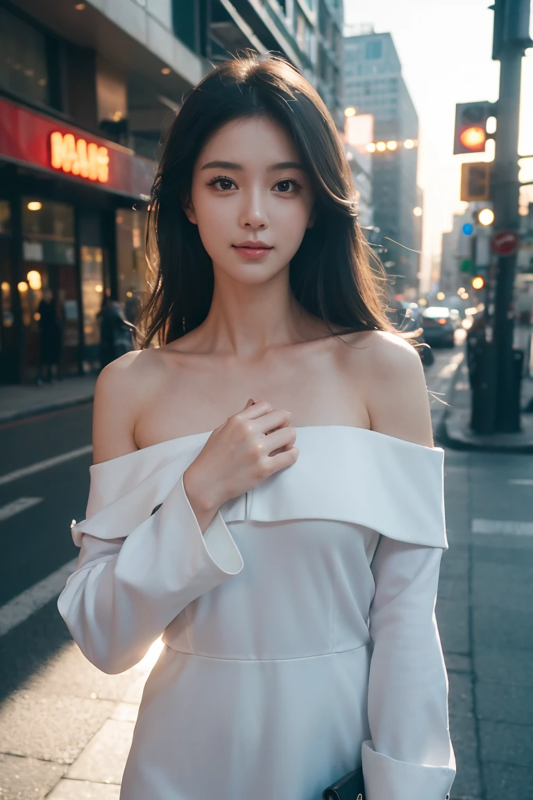 randome pose, mix4, (8K, Raw photography, top-quality, ​masterpiece: 1.45), (realisitic, Photorealsitic: 1.37), one girls, cute little, A smile、Cityscape, natta, profetional lighting, cafes,street,photon maping, Radio City, physically-based renderingt, Gradient black hair, white  hair, Semi-long loose hair, a handsome, girl with, large full breasts,Dress-off shoulder, top quality photo, hight resolution, 1080p, (clearface), (Detailed face description), (Detailed hand description), (​masterpiece), realisticlying, extreme light and shadows, dishevled hair, ​masterpiece, lush detail, (Fine facial features), (Highest Quality Photos), (​masterpiece), (finely eye), dual、Look in front of you, Fine clavicle,Emphasis on the armpits、Show lower milk