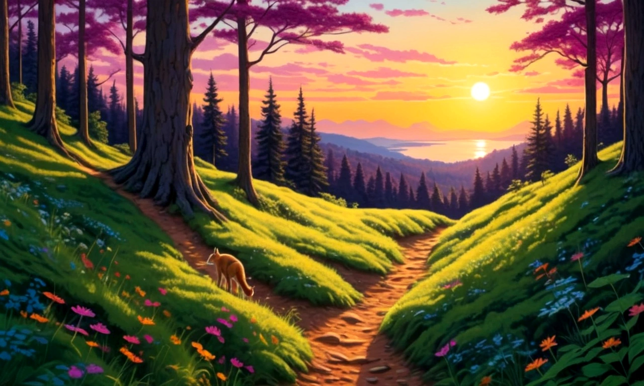 Draw her a trail in the forest at sunset,