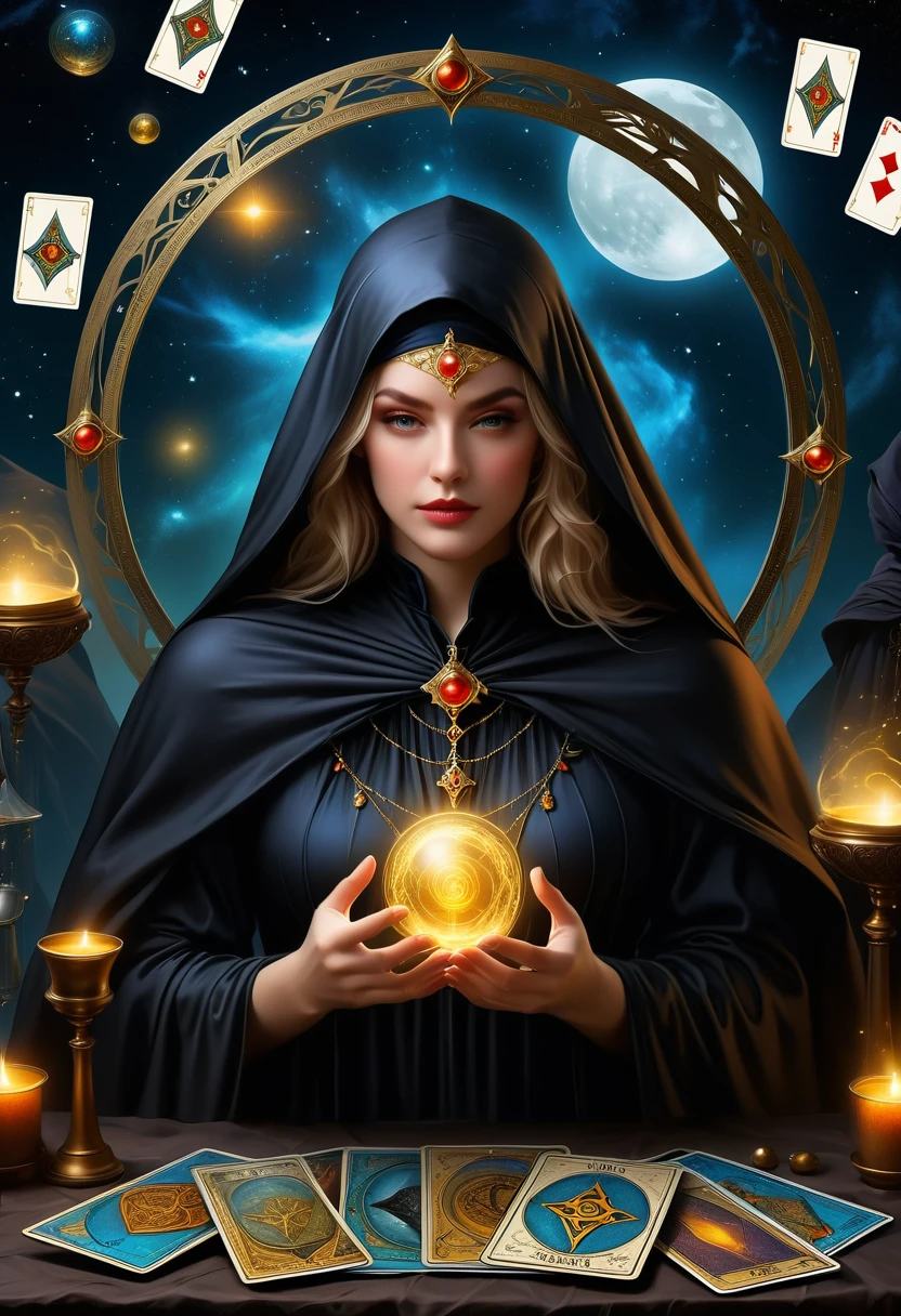 Fortune Teller,Metal photo frame,card,tarot cards:1.37.Mysterious fortune teller in cloak,Finger taps an array of tarot cards in the air,Mystical symbols and elements,Ancient mysterious atmosphere,Realistic illustration details,A composition full of vitality and energy,Dark Style,Gothic style