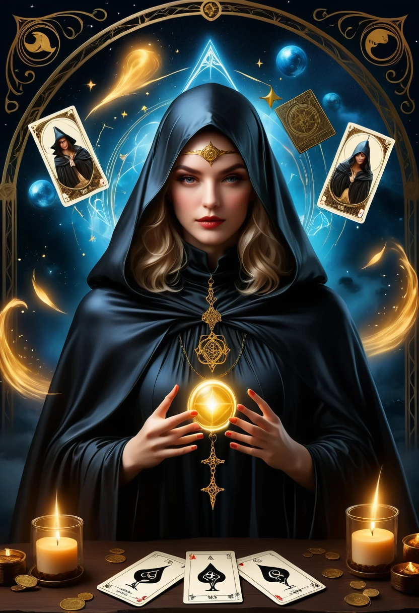 Fortune Teller，Metal photo frame，card，tarot cards：1.37.Mysterious fortune teller in cloak，Finger taps an array of tarot cards in the air，Mystical symbols and elements，Ancient mysterious atmosphere，Realistic illustration details，A composition full of vitality and energy，Dark Style，Gothic style