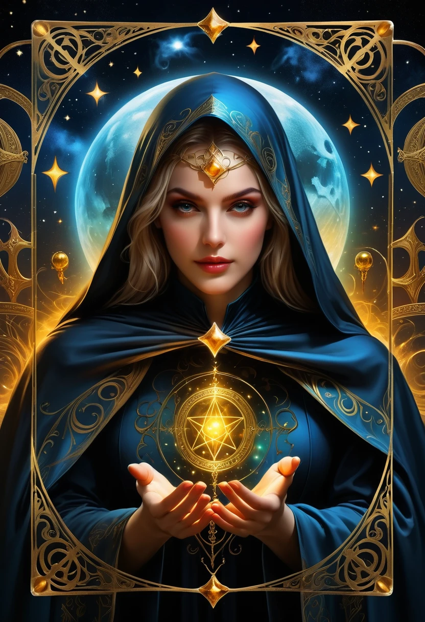 Fortune Teller,Metal photo frame,card,tarot cards:1.37.Mysterious fortune teller in cloak,Finger taps an array of tarot cards in the air,Mystical symbols and elements,Ancient mysterious atmosphere,Realistic illustration details,A composition full of vitality and energy,Dark Style,Gothic style