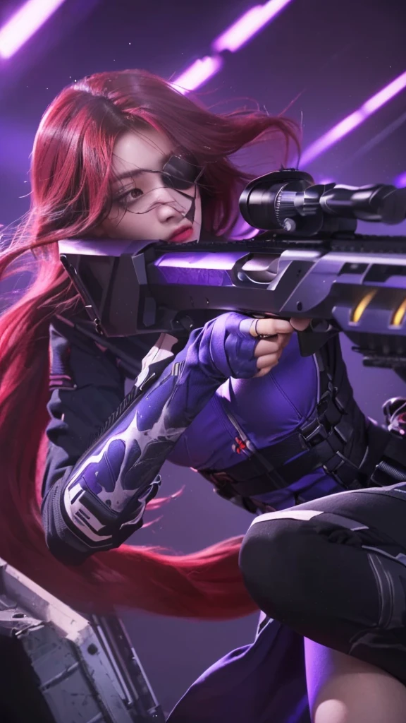 a realistic portrait of a woman holding a sniper rifle, violet battlefield theme,(best quality,4k,8k,highres,masterpiece:1.2),ultra-detailed,(realistic,photorealistic,photo-realistic:1.37),HDR,UHD,studio lighting,ultra-fine painting,sharp focus,physically-based rendering,extreme detail description,professional,vivid colors,bokeh,portrait,military,sniper,war,gun,violet,dramatic lighting,intense expression,determined,cinematic composition