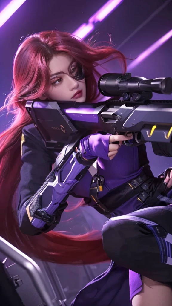 a realistic portrait of a woman holding a sniper rifle, violet battlefield theme,(best quality,4k,8k,highres,masterpiece:1.2),ultra-detailed,(realistic,photorealistic,photo-realistic:1.37),HDR,UHD,studio lighting,ultra-fine painting,sharp focus,physically-based rendering,extreme detail description,professional,vivid colors,bokeh,portrait,military,sniper,war,gun,violet,dramatic lighting,intense expression,determined,cinematic composition