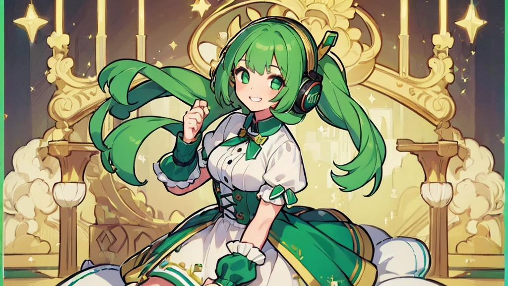 ((Highest quality, 8K, masterpiece: 1.3)), ((One girl:1.5)),Green Hair,Game Commentary,Headphones,A big smile,cute,In my room,The hairstyle is short cut