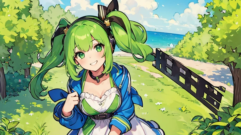 ((Highest quality, 8K, masterpiece: 1.3)), ((One girl:1.5)),Green Hair,Game Commentary,Headphones,A big smile,cute,In my room,The hairstyle is short cut