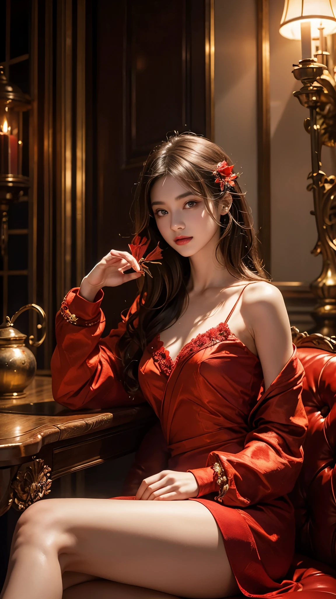 Full figure, seven -clinging shooting, 18 years old, wearing firefly clothes, exquisite faces, details, hands, ultimate details, amazing magnificence, Pedaipan style, fiber hair, glowing red iris, glowing red flower, sitting,