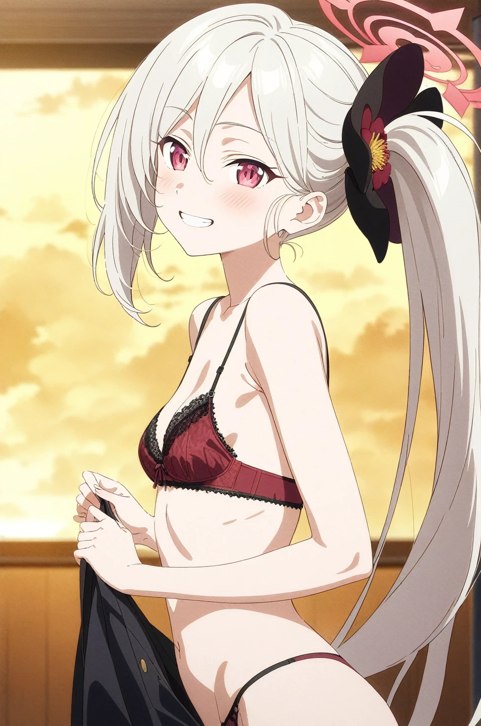 best quality, amazing quality, very aesthetic, absurdres, (1girl, mutsuki, blue archive, solo, red eyes, white hair, side ponytail), (realistic face:0.9),(lace-trimmed bra:1.8),dress lift, (grin, blush, thigh:1.3), (cowboy shot), (glistening eyes), (from side:2), (official art:1.3), (panties around one leg), expressive eyes, perfect face, extremely detailed eyes, perfect anatomy, smooth skin, (anime background:1.5), clear eyes, beautiful face, small breasts,(anime style:1.7), (Warm Light:1.5), (highres:2),
