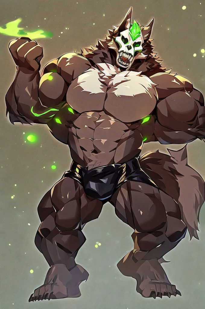 A hulking skull faced wolf creature with black fur, giant pecs, glowing green eyes, bangs, flexing