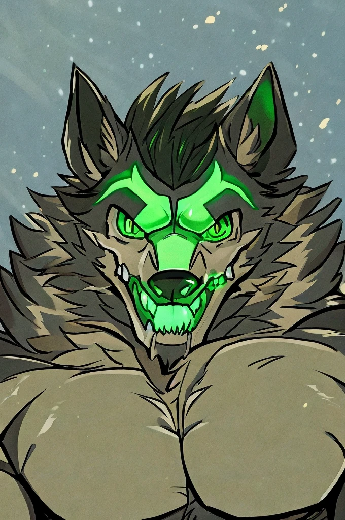 A hulking skull faced wolf creature with black fur, giant pecs, glowing green eyes, bangs, flexing, cheerfully smiling