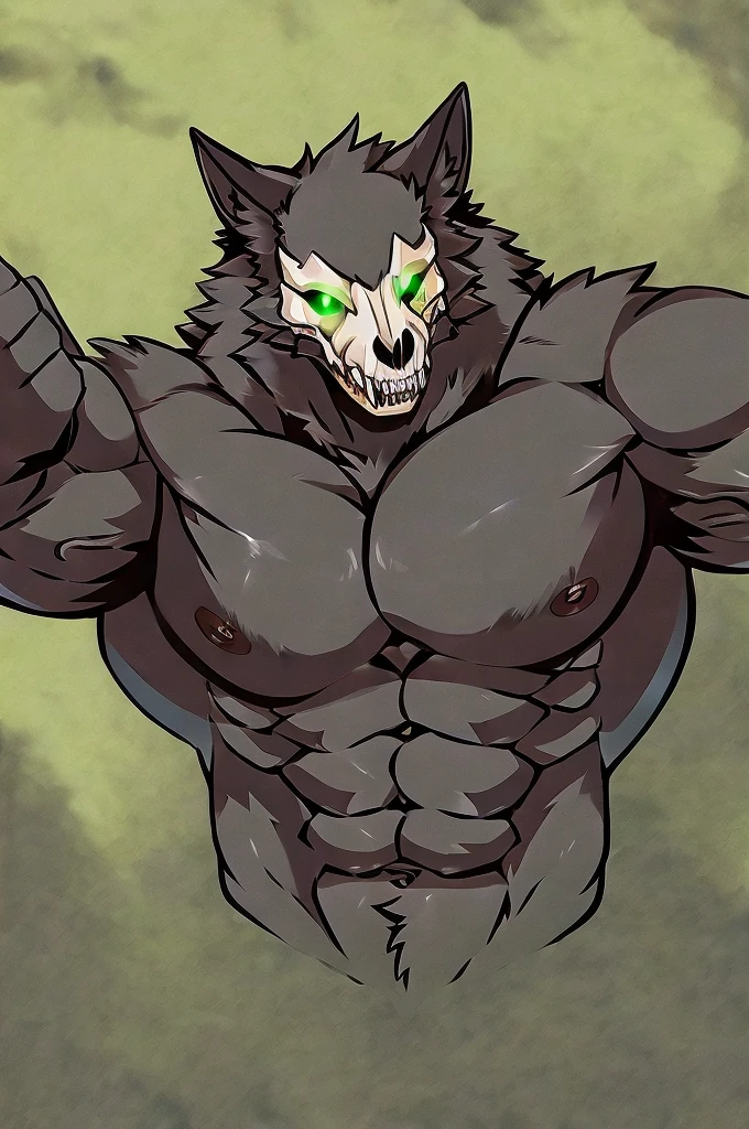 A hulking skull faced wolf creature with black fur, giant pecs, glowing green eyes, bangs, flexing