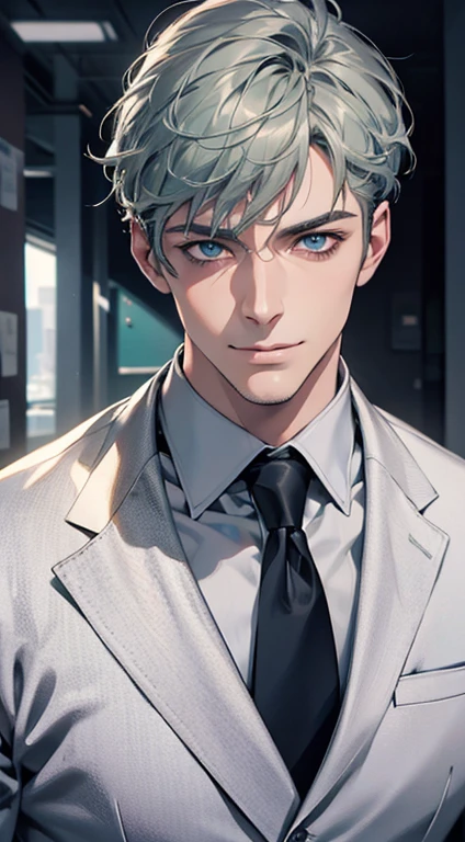 (best quality,4k,8k,highres,masterpiece:1.2),ultra-detailed,(realistic,photorealistic,photo-realistic:1.37),1 man,31 years old,mature man,very handsome,without expression,smile,short grey green hair,blue eyes,penetrating gaze,perfect face without errors,imposing posture,businessman,office background,cinematic lighting,hdr image