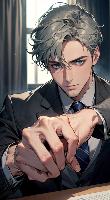(best quality,4k,8k,highres,masterpiece:1.2),ultra-detailed,(realistic,photorealistic,photo-realistic:1.37),1 man,31 years old,mature man,very handsome,without expression,smile,short grey green hair,blue eyes,penetrating gaze,perfect face without errors,imposing posture,businessman,office background,cinematic lighting,hdr image