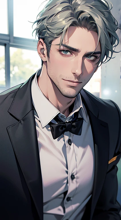 (best quality,4k,8k,highres,masterpiece:1.2),ultra-detailed,(realistic,photorealistic,photo-realistic:1.37),1 man,31 years old,mature man,very handsome,without expression,smile,short grey green hair,blue eyes,penetrating gaze,perfect face without errors,imposing posture,businessman,office background,cinematic lighting,hdr image