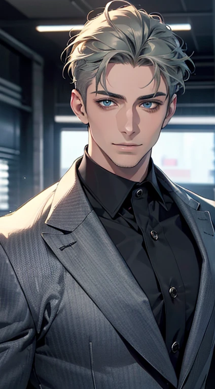 (best quality,4k,8k,highres,masterpiece:1.2),ultra-detailed,(realistic,photorealistic,photo-realistic:1.37),1 man,31 years old,mature man,very handsome,without expression,smile,short grey green hair,blue eyes,penetrating gaze,perfect face without errors,imposing posture,businessman,office background,cinematic lighting,hdr image