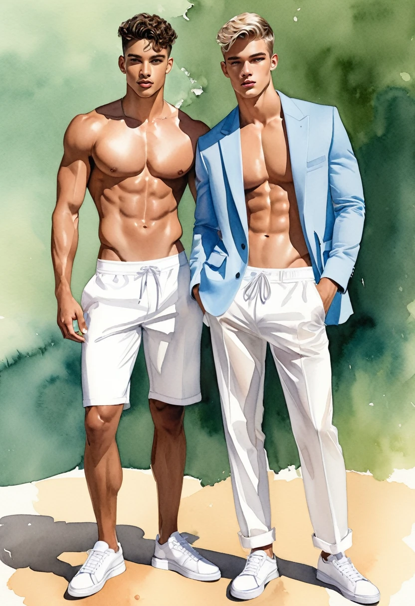 Candid fashion illustration of two young mixed-race male supermodels, both aged 20, showcasing a fashion look book in men's white thong swimsuits. They embody an elegant, young, and sexy style. The two men complement each other in their sexy swimsuits and white sneakers. Captured in a low-angle, full-body image with an imperfect watercolor background. The illustration is a sketching, realistic drawing with an imperfect watercolor effect, resembling a fashion look book, crafted by a fashion illustrator, inspired by Jacquemus. The models are depicted as a gay couple, exuding confidence and attraction, with handsome features and an athletic physique
