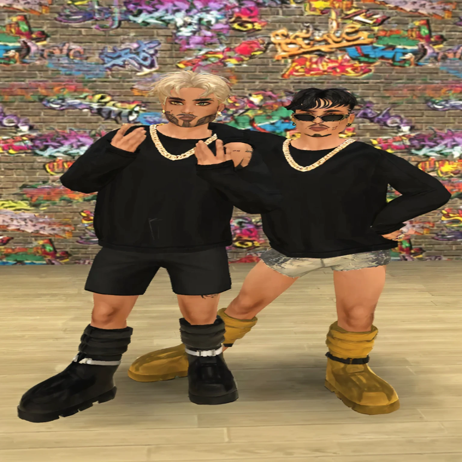 two people in black shirts and shorts standing next to a wall, Hip-Hop Style, ovelha, mechanic punk outfit, street clothes, jrpg aztec street fashion, second life avatar, response styles use, street clothes, inspired urban hiphop, dressed in crustpunk clothing, punk outfit, fashion game screenshot, vestindo roupas pretas, diverse outfits