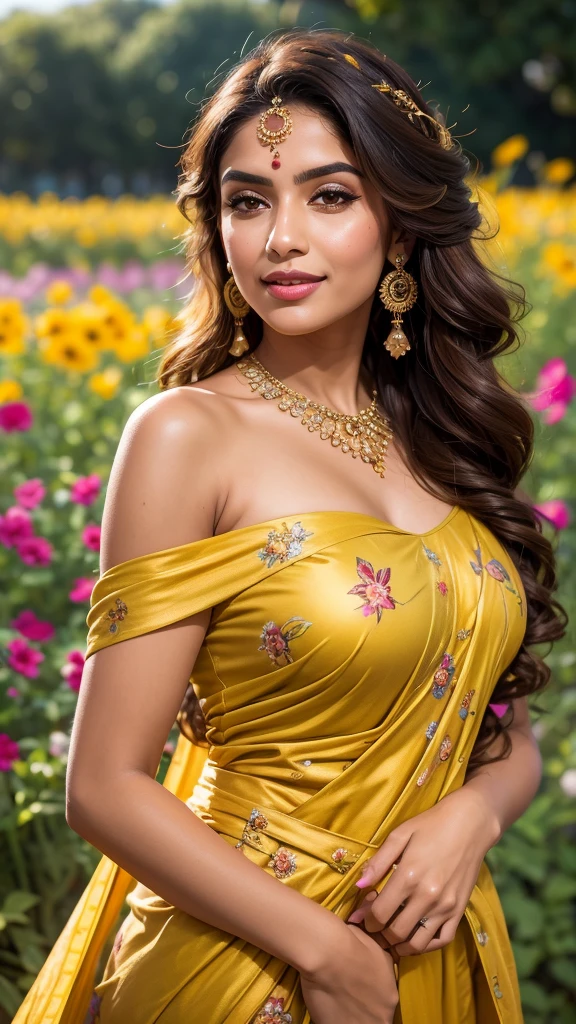 (((HD photo))), ultra high res.photorealistic:. 1.4, UHD, masterpiece, trending on artstation, portrait, 1girl, pretty, cute face, most beautiful in the world, soft, delicate, wavy blonde hair, large huge breasts, a vibrant Indian woman with olive skin and dark hair styled in loose waves. She has striking, almond-shaped eyes with bold eyebrows and intense,. Her lips are painted in a subtle, natural color, A carefree Indian woman with a contagious laugh lies amidst a field of brightly colored wildflowers. She wears a whimsical off-the-shoulder dress with floral patterns. The camera (50mm lens, unzoomed) captures her from a low angle, framing her against the vastness of the flower field. The sunlight creates a natural spotlight on her joyful expression