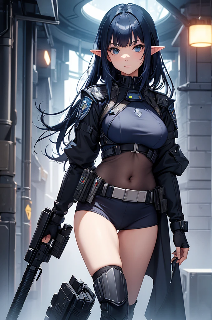 Create high quality images featuring an elf girl with dark navy blue hair and straight bangs. She is a member of the police special forces., Belly button sticking out。Have a lightsaber. The background must depict a city inside a dome, Next to her is a black armored vehicle
