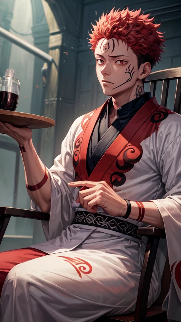a young man in the "Jujutsu kaisen" story series named "itadori yuji" with a tattooed face, brown eyes, bright red hair, sitting on a chair, and a white kimono shirt, filled with a red, black, evil aura, with realistic visual effects.