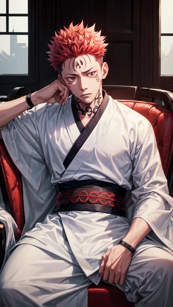 a young man in the "Jujutsu kaisen" story series named "itadori yuji" with a tattooed face, brown eyes, bright red hair, sitting on a chair, and a white kimono shirt, filled with a red, black, evil aura, with realistic visual effects.