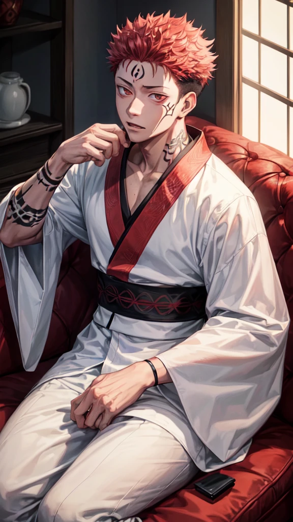 a young man in the "Jujutsu kaisen" story series named "itadori yuji" with a tattooed face, brown eyes, bright red hair, sitting on a chair, and a white kimono shirt, filled with a red, black, evil aura, with realistic visual effects.
