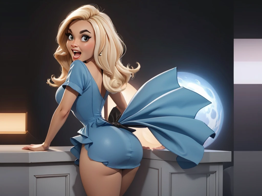 high detailed, masterpiece 1girl cartoon character in blue dress, long blonde hair, lewd expression, open mouth, tonge out, from behind, spreading her legs and bow down showing the viewer har vagina whis is ready to have sex, looking at viewer, perfect hands, big perky breasts, wide hips, thick thighs, ultra realistic digital art, a 3D render, photorealism, clean scene, black background, black wall
