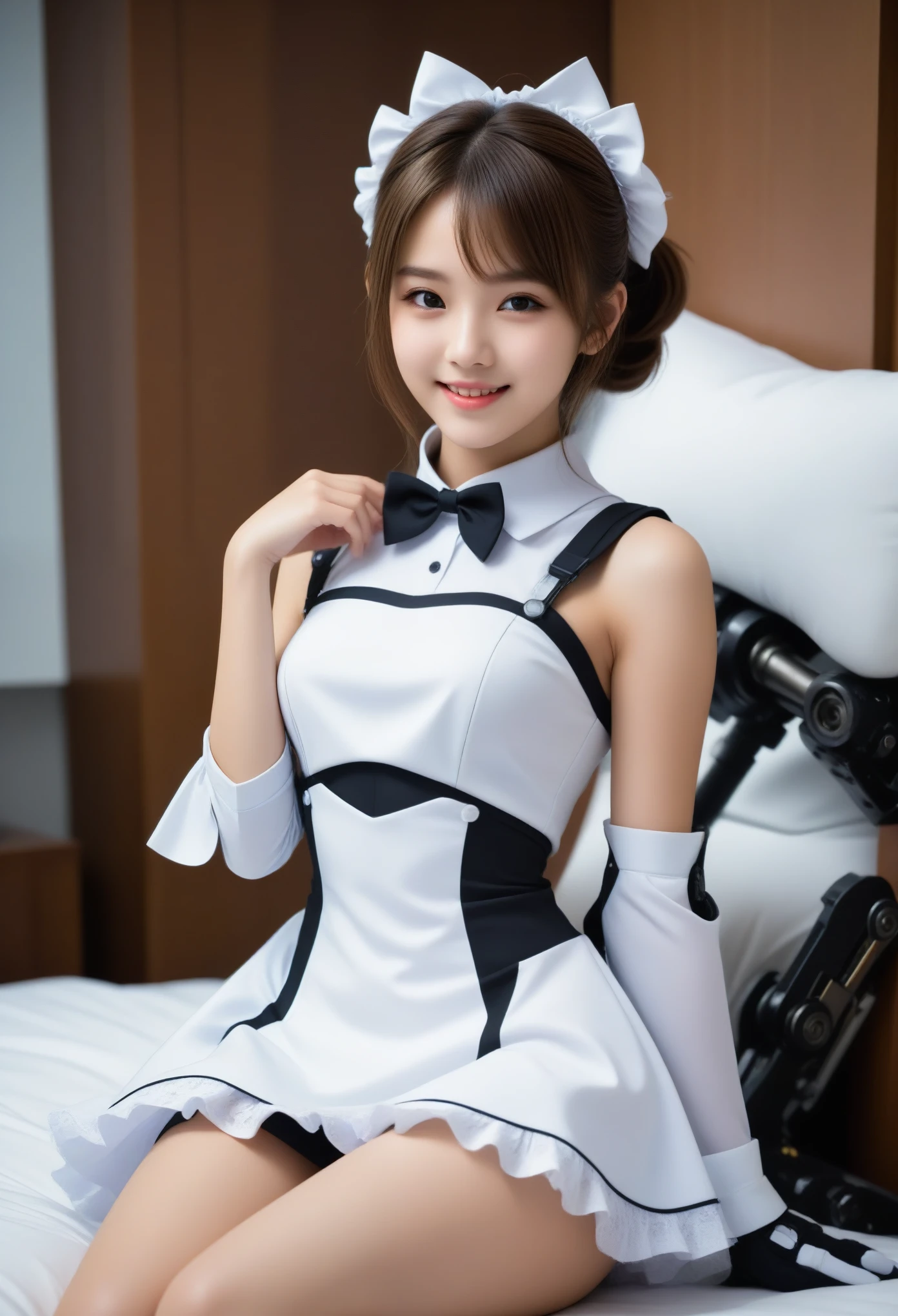 8K, Ultra-high resolution, Highest quality, masterpiece, 三分割法によるphotograph,Surreal, photograph, 1 Girl, (:1.3), pretty girl, Cute face, Beautiful eyes in every detail, 細かくdetailedに,masterpiece,, One Girl:1.2, Virginia Otis 15 year old borg mixed maid female, Mecha Cyborg Girl,Mecha Body Girl,She wears a futuristic mech, victorian maid dress, from the front, From the skirt up,Cute kids room, bed rooautiful leg line beauty,Full of sex appeal,Sensual,A carefree smile,Heal the heart,Short ponytail、beauty,Long neck、Laugh a little、Please close your mouth and laugh、(((Ideal body type))),A cup small breasts :2,、Portraiture:2、Perfect Anatomy、鮮明なdetailed、detailed、Surreal、Light and shadow,Strong light