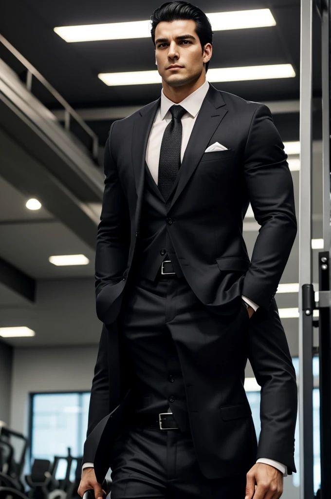 Generate the image of a 27-year-old businessman with these characteristics and make it an anime character version: Physical description:
Alex is an imposing man with a height of 1,90 meters and a stocky build. her black hair, generally well groomed, complements his dark eyes that always seem to be assessing his surroundings seriously. He has a defined jaw and a presence that inspires respect and authority. His way of dressing is always neat and professional., preferring dark suits that accentuate his athletic figure. His physical appearance reflects his discipline and dedication, both in the gym and in your professional life.