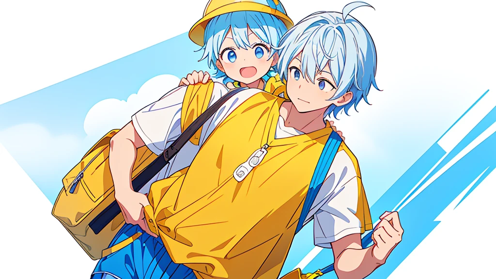 (((Mother)))、(kindergarten、A 3-year-old boy wearing a yellow hat and a yellow rectangular bag slung over his shoulder、Blue shorts、White shirt)、((Highest quality、Masterpiece、Official Art、The best dynamic composition))、They both have a mixture of blue and white hair.、She is happily stroking the baby&#39;s cheek.、Heartwarming、happiness、A sparkling world、Upper body close-up、