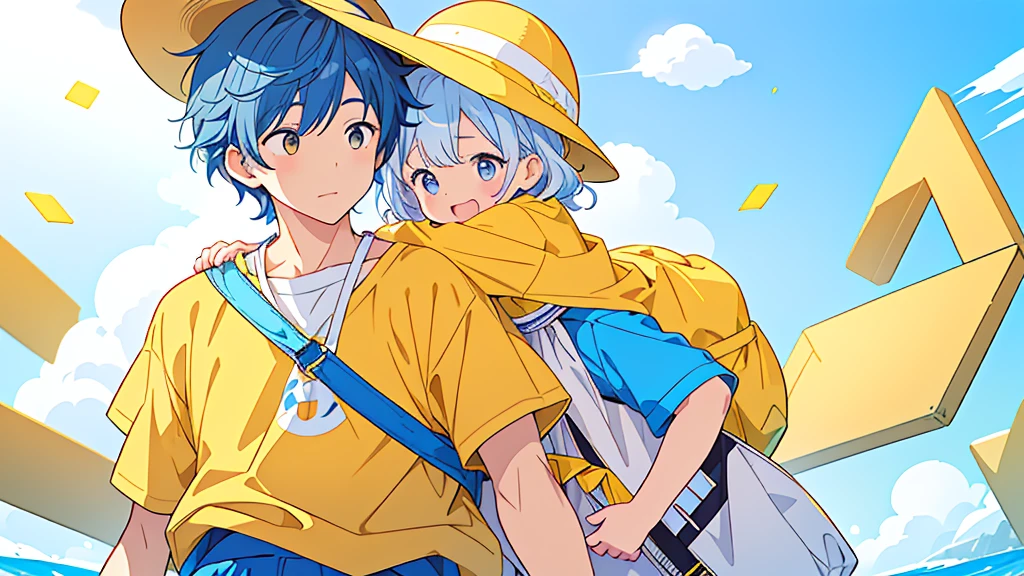 (((Mother)))、(kindergarten、A 3-year-old boy wearing a yellow hat and a yellow rectangular bag slung over his shoulder、Blue shorts、White shirt)、((Highest quality、Masterpiece、Official Art、The best dynamic composition))、They both have a mixture of blue and white hair.、She is happily stroking the baby&#39;s cheek.、Heartwarming、happiness、A sparkling world、Upper body close-up、