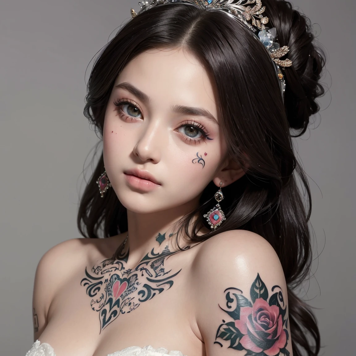 NSFW, (masterpiece, best quality:1.5), ultra detailed, high resolution, 16k, the most beautiful face in the world, perfect face, delicate facial features, highly detailed beautiful face and eyes, shiny skin, highly detailed background, elaborately designed, fine cloth texture, perfect anatomy, BREAK, (gorgeous and stunning age princess in gorgeous and luxurious princess dress:1.2), perfect make-up, eyeshadow, lash extensions, rouge, deeply in love, full of elegance, (face cutest tattoo:1.4)