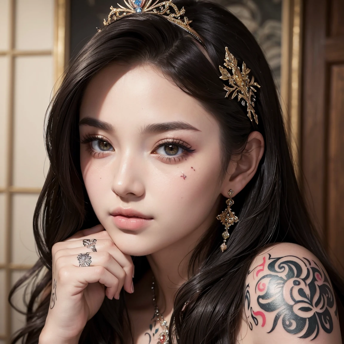 NSFW, (masterpiece, best quality:1.5), ultra detailed, high resolution, 16k, the most beautiful face in the world, perfect face, delicate facial features, highly detailed beautiful face and eyes, shiny skin, highly detailed background, elaborately designed, fine cloth texture, perfect anatomy, BREAK, (gorgeous and stunning teenage princess in gorgeous and luxurious princess dress:1.2), perfect make-up, eyeshadow, lash extensions, rouge, deeply in love, full of elegance, (face cutest tattoo:1.4)