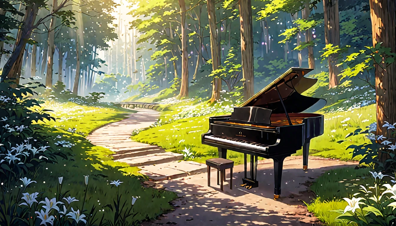 There is a piano on the forest path, Anime Background art, Beautiful peaceful scene in anime, Anime Art Wallpapers 8K, Background artwork, Anime Rush John 8k Woods, Relaxing concept art, anime nature wallpapers, anime art wallpaper 4k, anime art wallpaper 4k, arte koto no ha no niwa, Beautiful anime scenery, Anime Background、White lily flower
