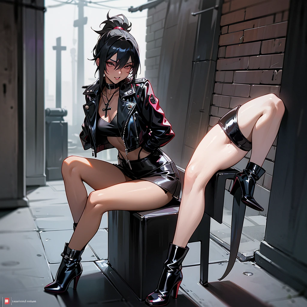  Prostitute in her 30's, with tanned skin, hair in a ponytail, glowing cross pendant, leather jacket, miniskirt, black patent leather stiletto boots. Sitting in an alleyway, legs apart. Masturbating. Intense orgasm. Cum dripping.