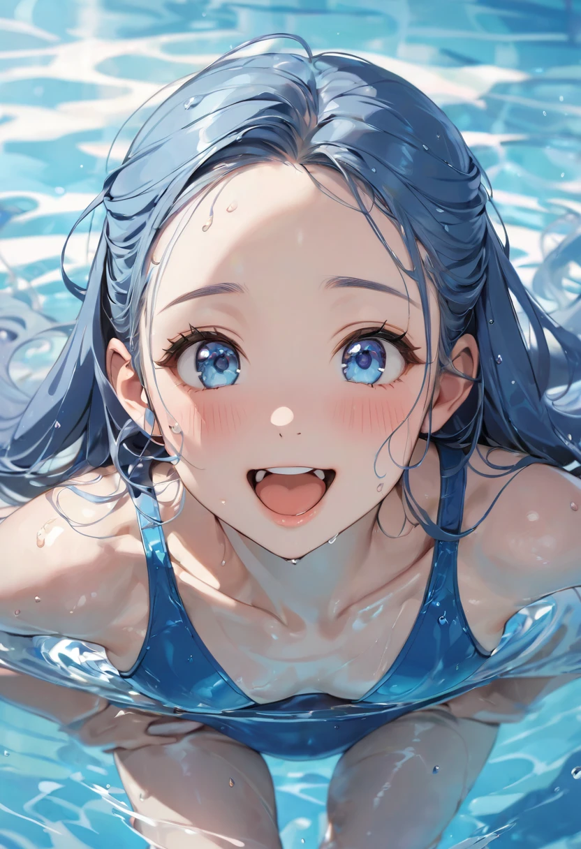 (Swimming Style, ), (Wet Skin, solo:2, 15 yo forehead blue hair long hair cute girl, lovely blue eyes, cute open mouth, glossy lips, ecstasy smile), in a One piece swimsuit, break, in the School swimming pool, BREAK, perfect anatomy, masterpiece, best quality, 16k, beautiful detailed grow, daydreaming expression.