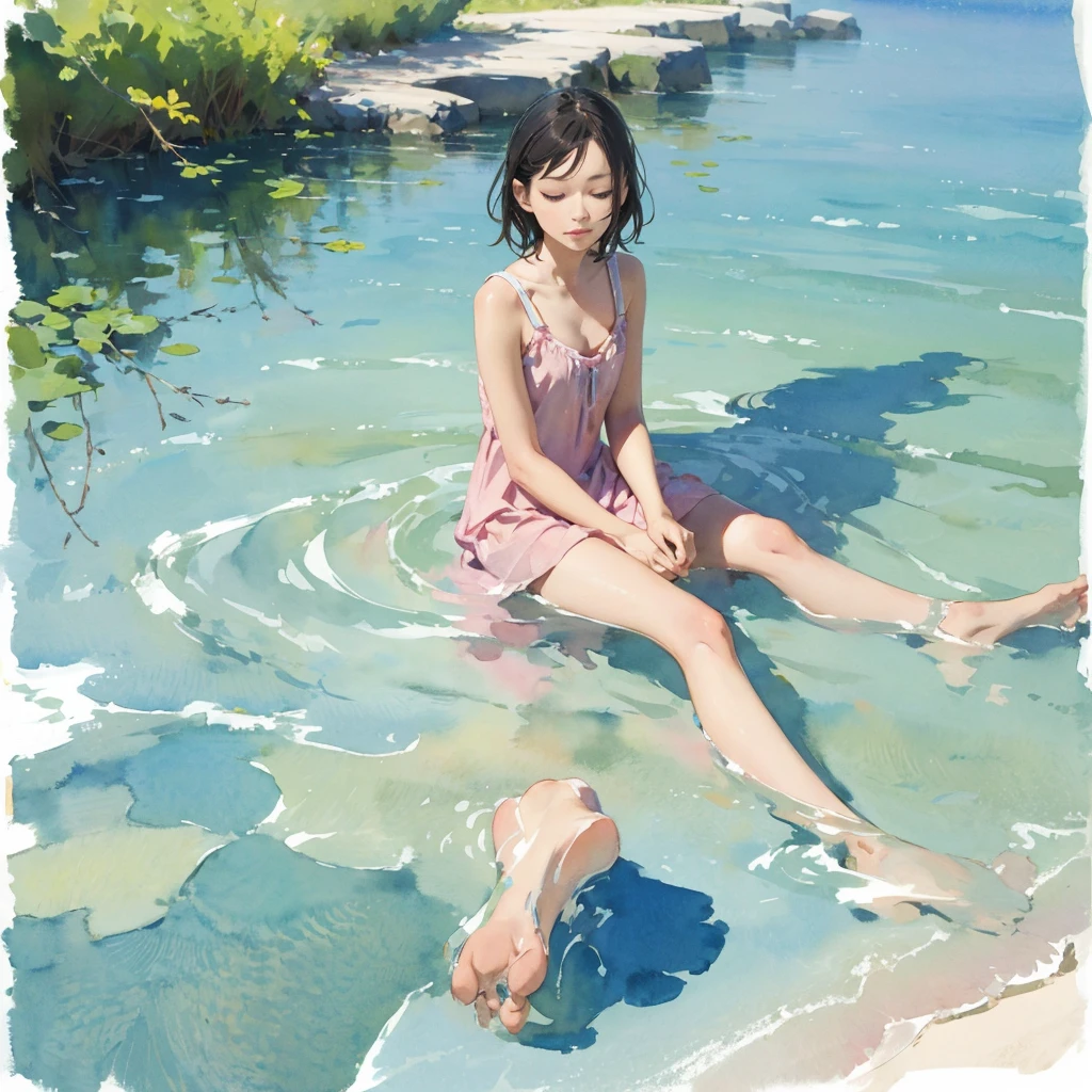Tranquil voyager girl, in watercolor style, Photorealism, discreet pink and mint shades, barefoot