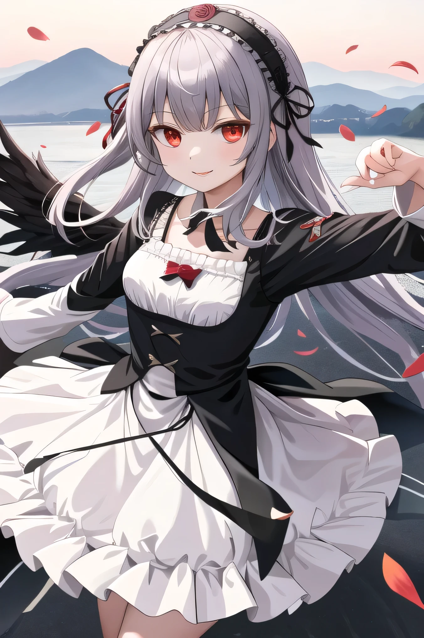 masterpiece, Highest quality, High resolution, sui1, One girl, alone, suigintou, Red eyes, Long Hair, ゴシックdress, Gray Hair, Rose hair ornament, Long sleeve, ゴシックhair band, ribbon, 黒いdress, Black wings, Cowboy Shot, wariza, smile, Reaching out, Spread your arms, Mercury lamp, hair band, - Detachable collar, dress, wing, BREAK, Outdoor, nature,