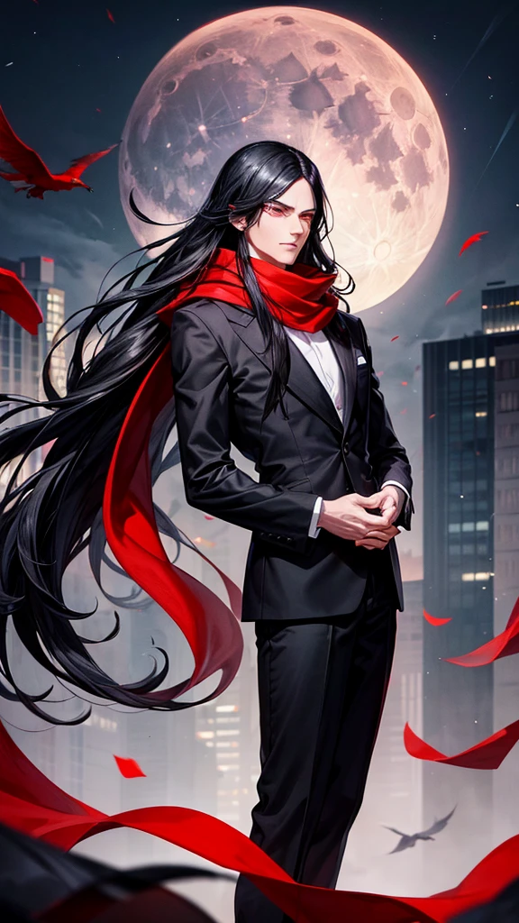 Young man, attractive, long black hair. Sharp and bright red eyes, profiled nose. serious. Guspo. wears black suit, white shirt and loose red scarf around the neck, standing on the roof of a gray building, in the background the night and a waning yellow moon and a flock of black crows flying around 